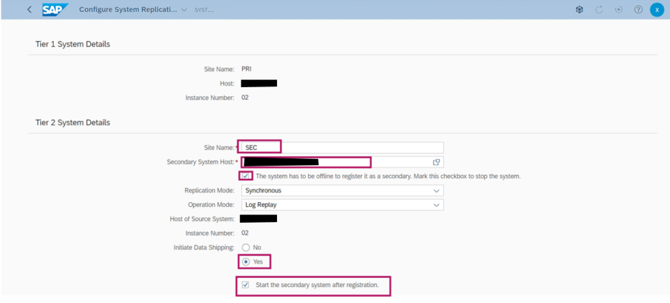 Secondary database registration command output